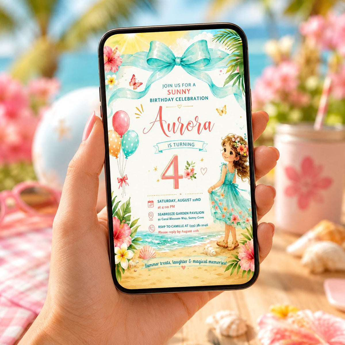 Editable Summer Birthday Invitation Canva Template, Girls Kids Cute Modern Fun DIY Sweet Chic Teen Party Invite, Printable Digital Download.
