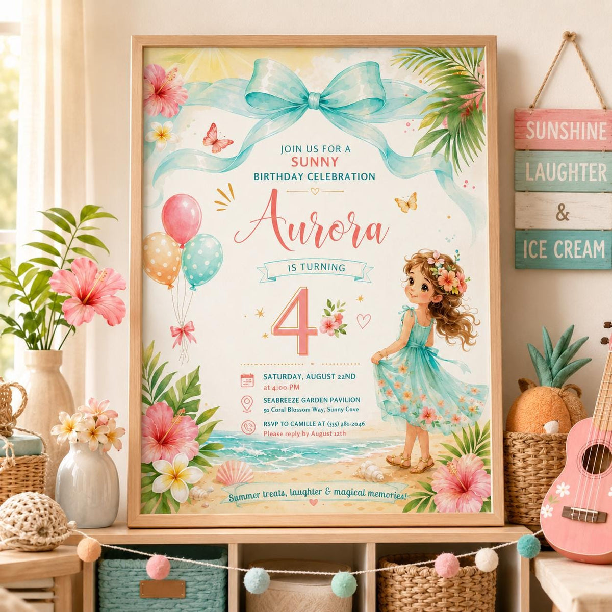 Editable Summer Birthday Invitation Canva Template, Girls Kids Cute Modern Fun DIY Sweet Chic Teen Party Invite, Printable Digital Download.