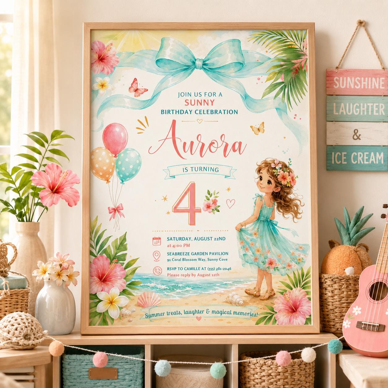 Editable Summer Birthday Invitation Canva Template, Girls Kids Cute Modern Fun DIY Sweet Chic Teen Party Invite, Printable Digital Download.
