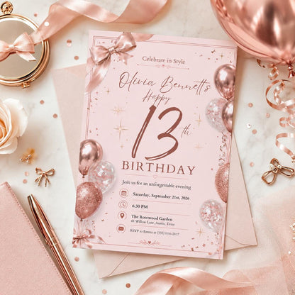 Editable 13th Birthday Invitation Canva Template, Pink Gold Luxury Floral Cute Modern Fun DIY Chic Party Invite, Printable Digital Download.
