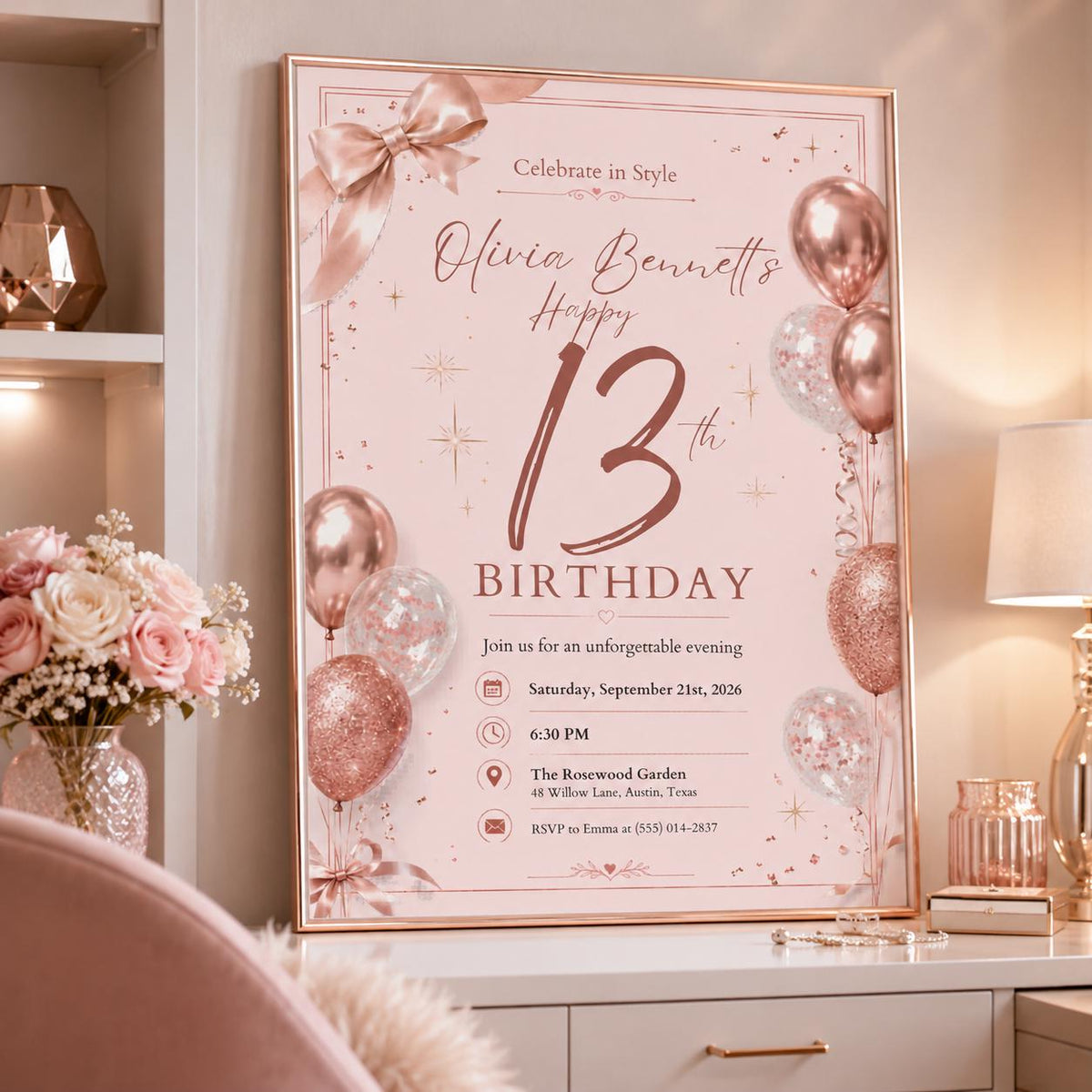 Editable 13th Birthday Invitation Canva Template, Pink Gold Luxury Floral Cute Modern Fun DIY Chic Party Invite, Printable Digital Download.