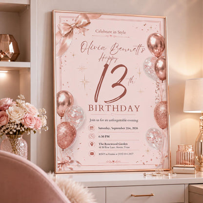 Editable 13th Birthday Invitation Canva Template, Pink Gold Luxury Floral Cute Modern Fun DIY Chic Party Invite, Printable Digital Download.
