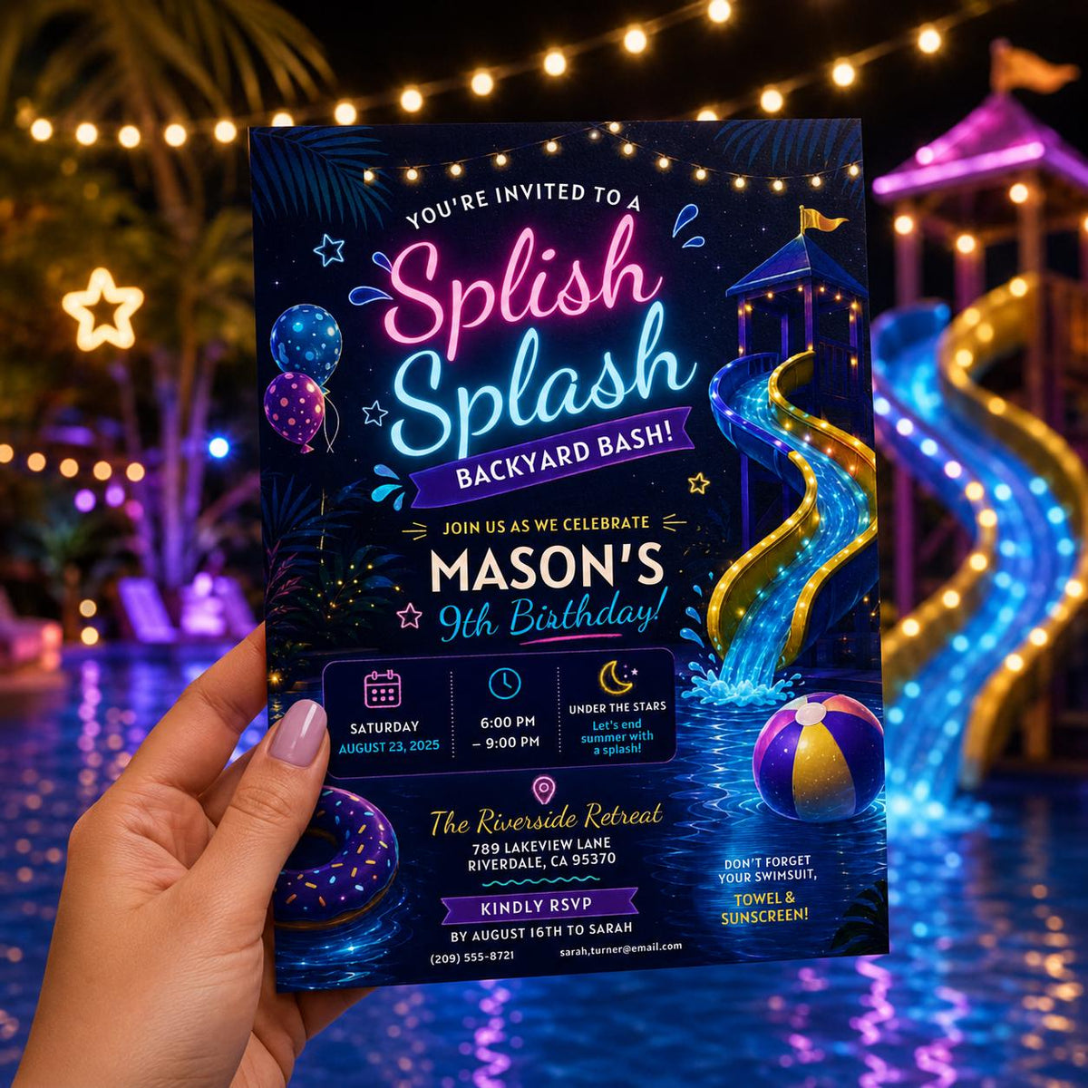 Editable Pool Birthday Invitation Canva Template, Blue Summer Cute Modern Fun Themed DIY Chic Kids Party Invite, Printable Digital Download.