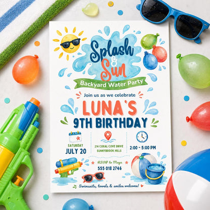 Editable Pool Birthday Invitation Canva Template, Boys Summer Cute Modern Fun Themed DIY Chic Kids Party Invite, Printable Digital Download.