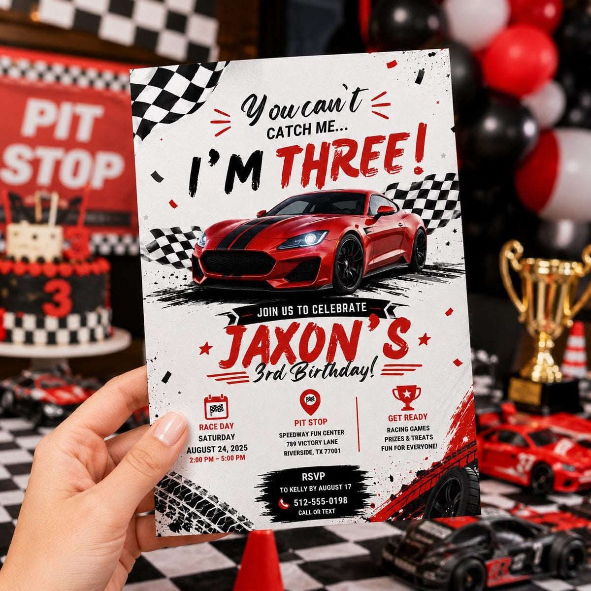 Editable Race Car Birthday Invitation Canva Template, Red Boys Kids Racing Cute Fun DIY Sweet Chic Party Invite, Printable Digital Download.