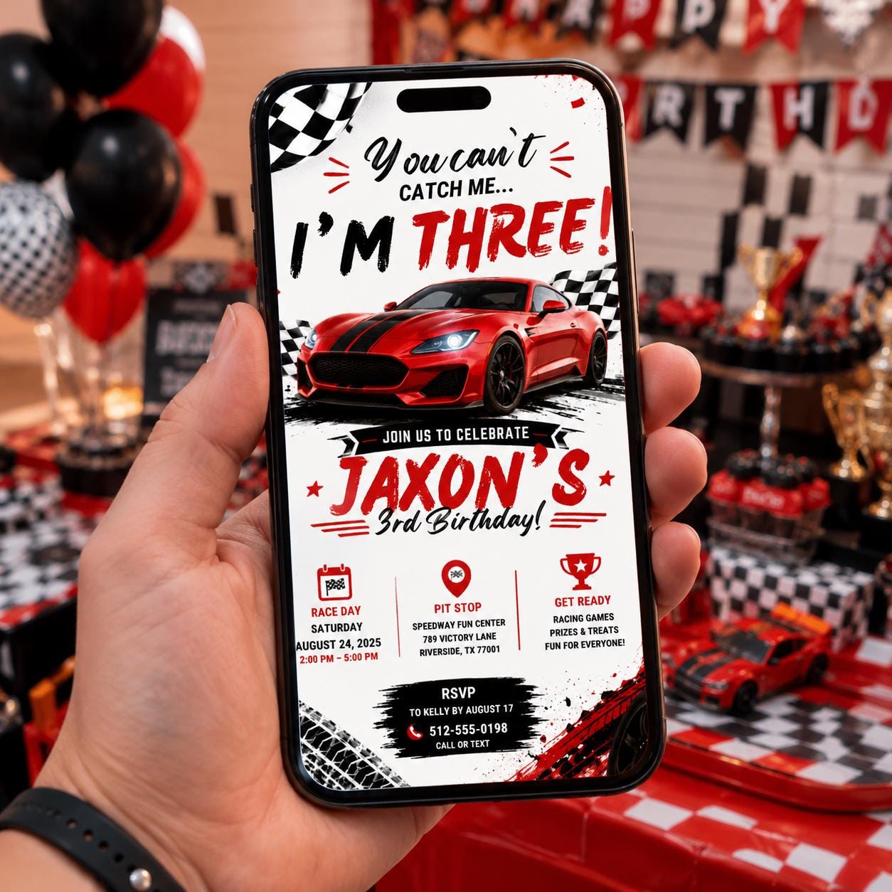 Editable Race Car Birthday Invitation Canva Template, Red Boys Kids Racing Cute Fun DIY Sweet Chic Party Invite, Printable Digital Download.
