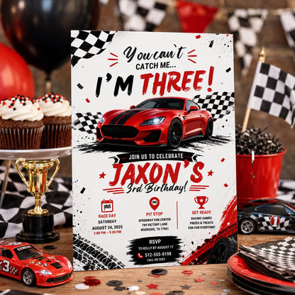 Editable Race Car Birthday Invitation Canva Template, Red Boys Kids Racing Cute Fun DIY Sweet Chic Party Invite, Printable Digital Download.