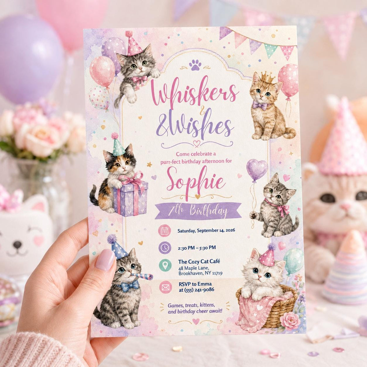 Editable Cute Cat Birthday Invitation Canva Template, Girls Kids Kitty Cute Modern Fun Instant DIY Party Invite, Printable Digital Download.