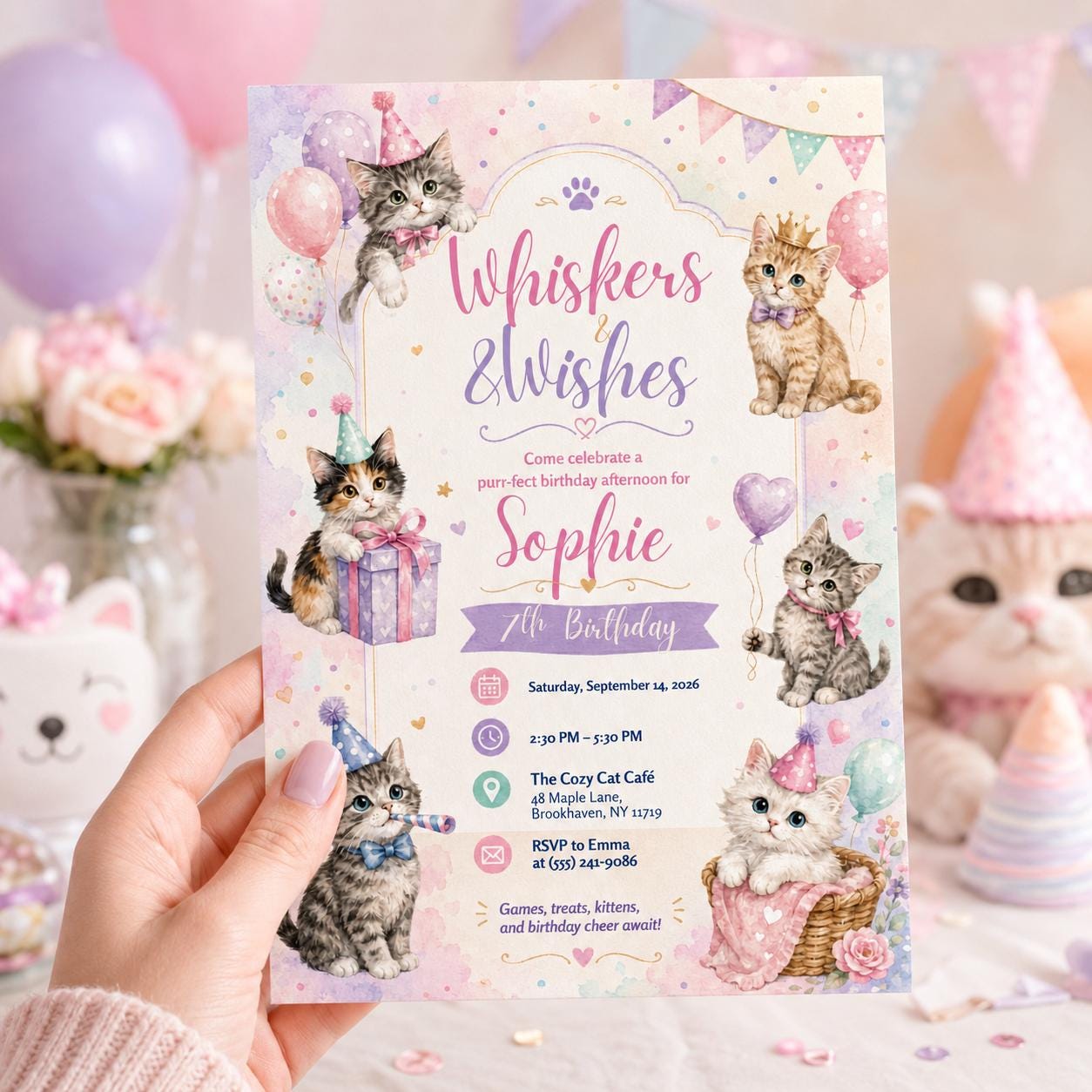 Editable Cute Cat Birthday Invitation Canva Template, Girls Kids Kitty Cute Modern Fun Instant DIY Party Invite, Printable Digital Download.