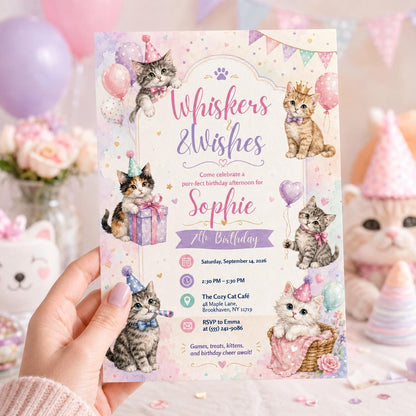 Editable Cute Cat Birthday Invitation Canva Template, Girls Kids Kitty Cute Modern Fun Instant DIY Party Invite, Printable Digital Download.