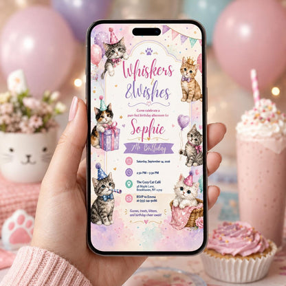 Editable Cute Cat Birthday Invitation Canva Template, Girls Kids Kitty Cute Modern Fun Instant DIY Party Invite, Printable Digital Download.