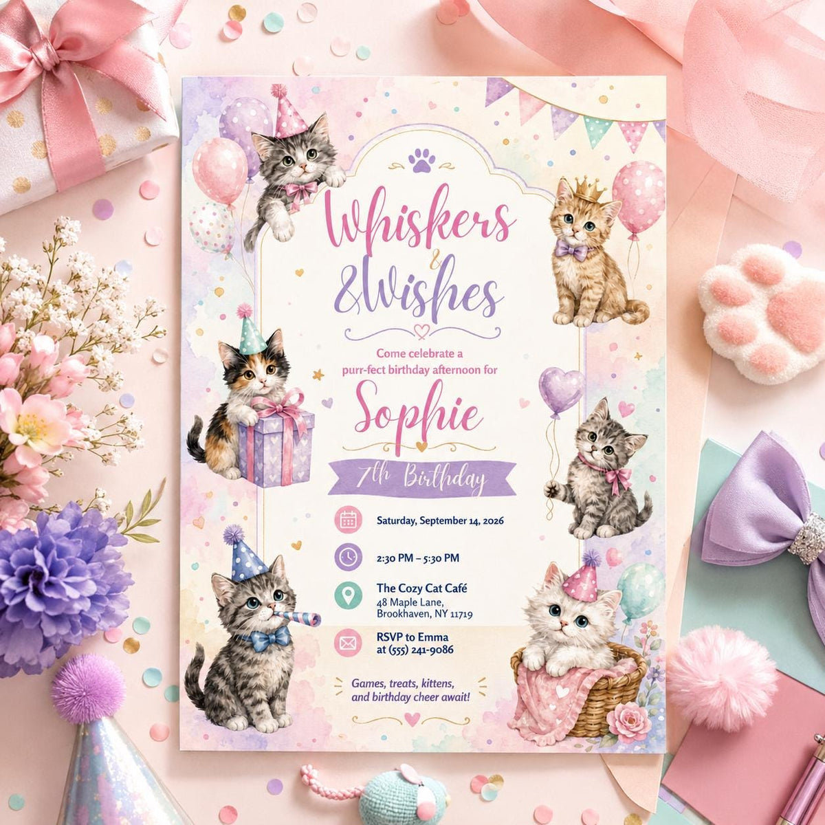 Editable Cute Cat Birthday Invitation Canva Template, Girls Kids Kitty Cute Modern Fun Instant DIY Party Invite, Printable Digital Download.