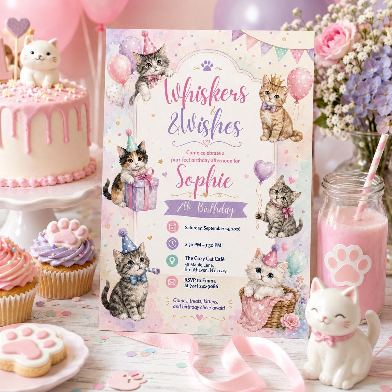 Editable Cute Cat Birthday Invitation Canva Template, Girls Kids Kitty Cute Modern Fun Instant DIY Party Invite, Printable Digital Download.
