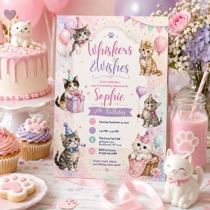 Editable Cute Cat Birthday Invitation Canva Template, Girls Kids Kitty Cute Modern Fun Instant DIY Party Invite, Printable Digital Download.
