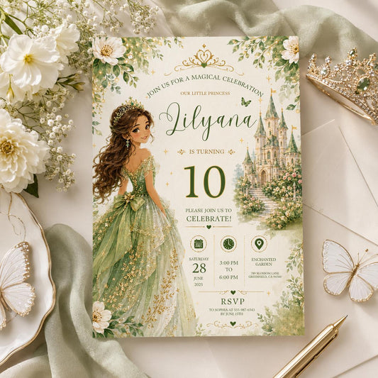 Editable Princess Birthday Invitation Canva Template, Girls Kids Cute Modern Fun Themed Custom DIY Party Invite, Printable Digital Download.