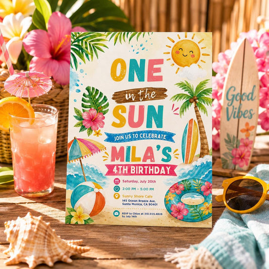 Editable Beach Birthday Invitation Canva Template, Boys Kids Teens Pool Cute Modern Fun Themed DIY Party Invite, Printable Digital Download.