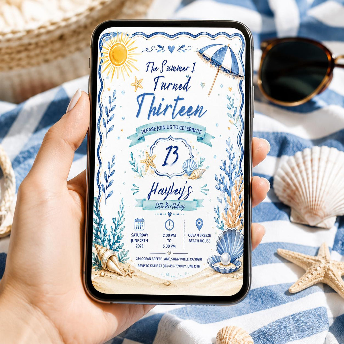 Editable Coastal Birthday Invitation Canva Template, Beach Cute Fun DIY Sweet Chic Kids Teen Tween Party Invite, Printable Digital Download.