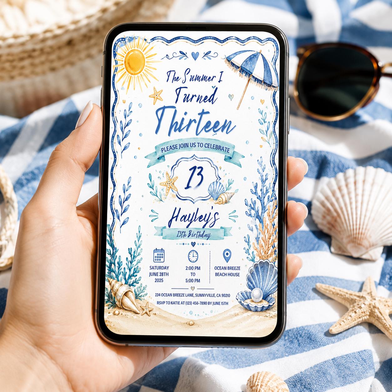Editable Coastal Birthday Invitation Canva Template, Beach Cute Fun DIY Sweet Chic Kids Teen Tween Party Invite, Printable Digital Download.