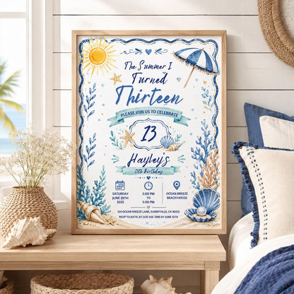 Editable Coastal Birthday Invitation Canva Template, Beach Cute Fun DIY Sweet Chic Kids Teen Tween Party Invite, Printable Digital Download.