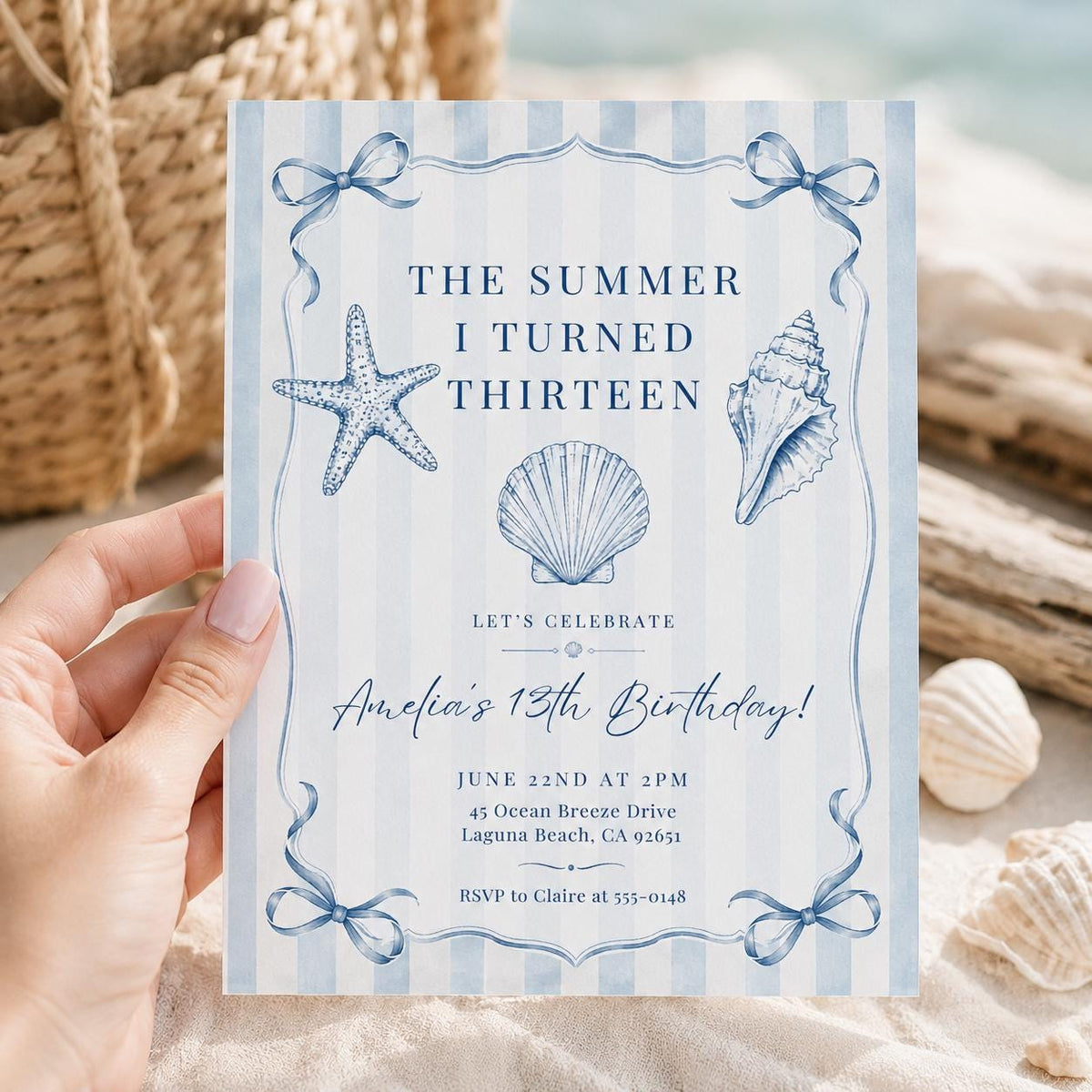 Editable Coastal Birthday Invitation Canva Template, Blue Girls Teens Beach Cute Fun DIY Chic Kids Party Invite, Printable Digital Download.