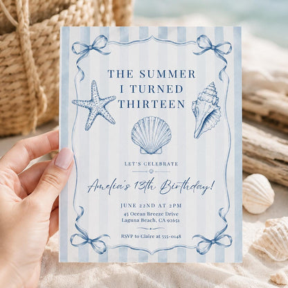 Editable Coastal Birthday Invitation Canva Template, Blue Girls Teens Beach Cute Fun DIY Chic Kids Party Invite, Printable Digital Download.