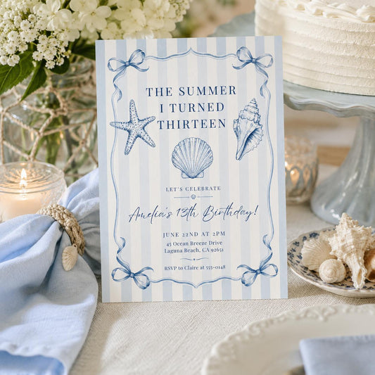 Editable Coastal Birthday Invitation Canva Template, Blue Girls Teens Beach Cute Fun DIY Chic Kids Party Invite, Printable Digital Download.