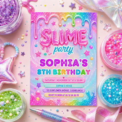 Editable Neon Glow Birthday Invitation Canva Template, Pink Girls Neon Cute Fun DIY Chic Kids Teen Party Invite, Printable Digital Download.