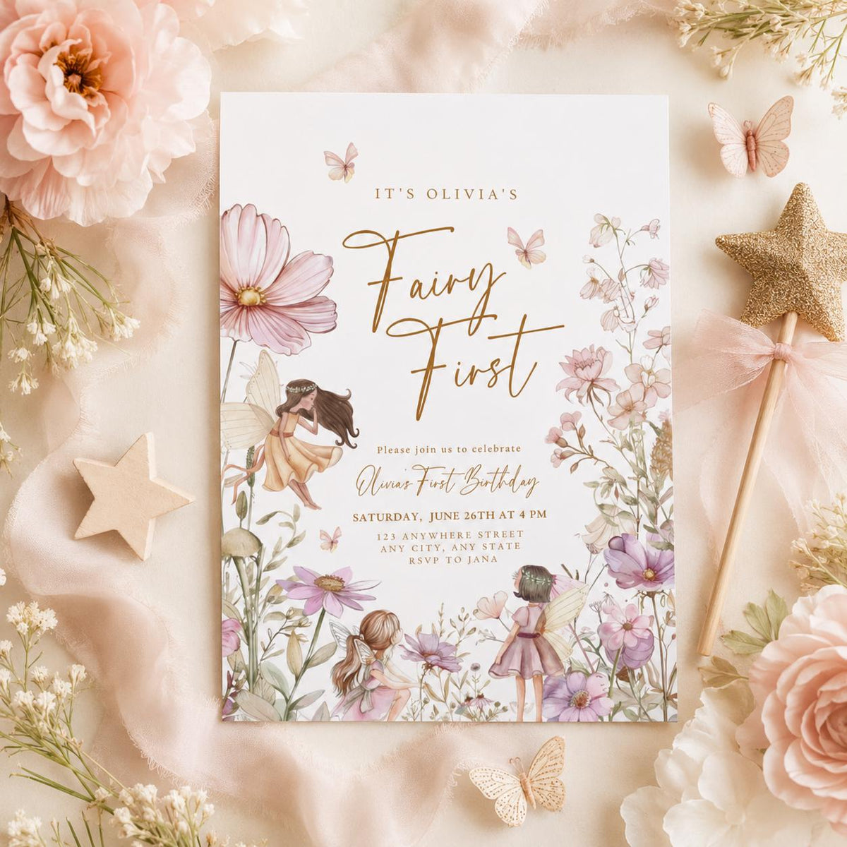 Editable Fairy Garden Birthday Invitation Canva Template, Boho Girls Kids Fairy Cute Fun DIY Sweet Party Invite, Printable Digital Download.
