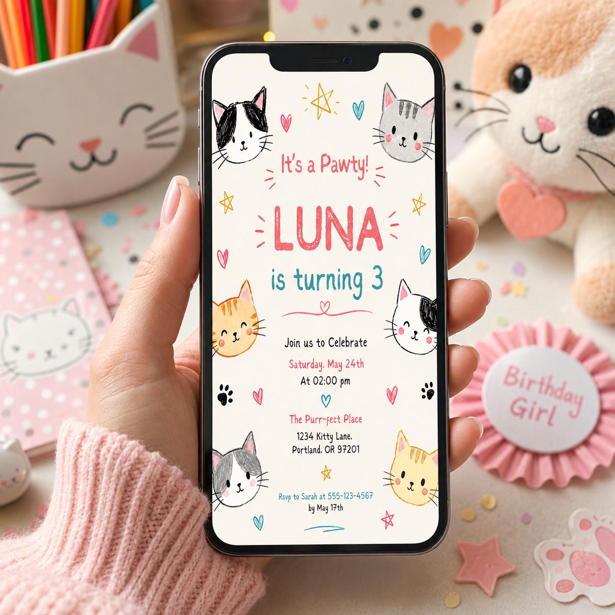 Editable Cute Kitty Birthday Invitation Canva Template, Kitty Cute Modern Fun Themed DIY Chic Kids Party Invite, Printable Digital Download.
