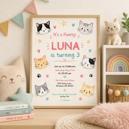 Editable Cute Kitty Birthday Invitation Canva Template, Kitty Cute Modern Fun Themed DIY Chic Kids Party Invite, Printable Digital Download.
