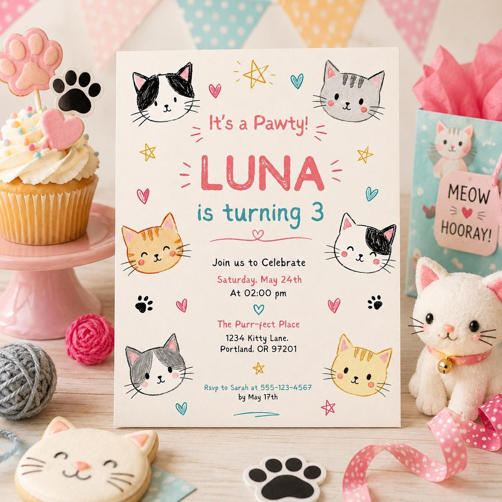 Editable Cute Kitty Birthday Invitation Canva Template, Kitty Cute Modern Fun Themed DIY Chic Kids Party Invite, Printable Digital Download.