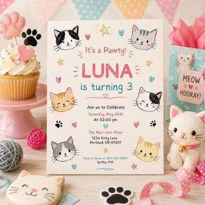 Editable Cute Kitty Birthday Invitation Canva Template, Kitty Cute Modern Fun Themed DIY Chic Kids Party Invite, Printable Digital Download.