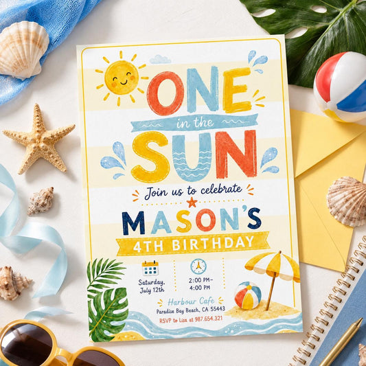 Editable Beach Birthday Invitation Canva Template, Boys Kids Teens Pool Cute Modern Fun Themed DIY Party Invite, Printable Digital Download.
