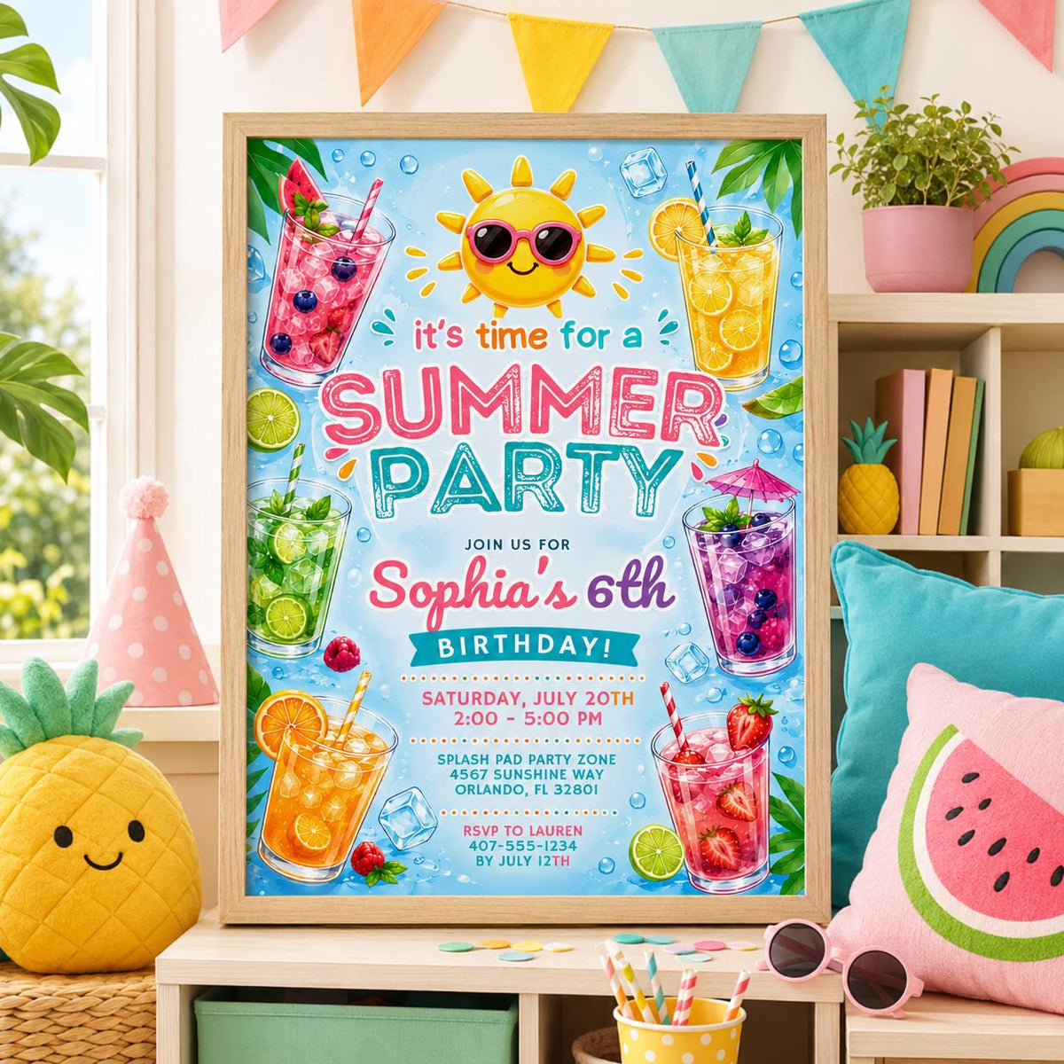 Editable Summer Birthday Invitation Canva Template, Pastel Kids Cute Fun DIY Sweet Chic Teen Tween Party Invite, Printable Digital Download.
