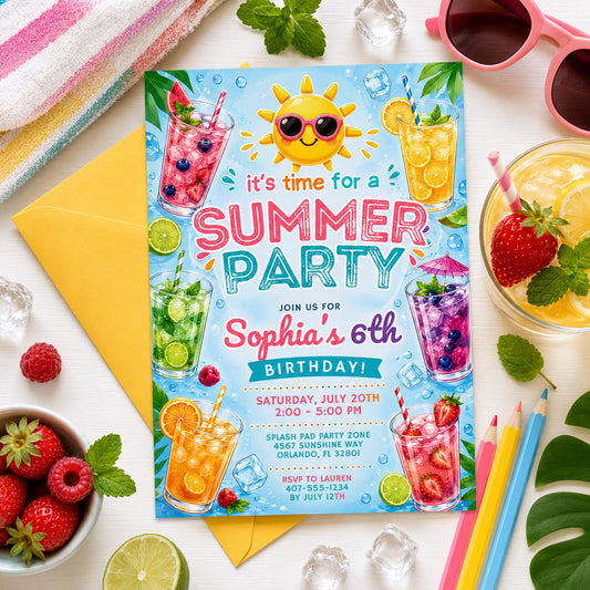 Editable Summer Birthday Invitation Canva Template, Pastel Kids Cute Fun DIY Sweet Chic Teen Tween Party Invite, Printable Digital Download.