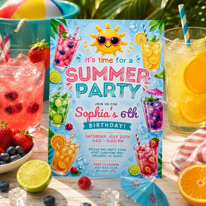 Editable Summer Birthday Invitation Canva Template, Pastel Kids Cute Fun DIY Sweet Chic Teen Tween Party Invite, Printable Digital Download.