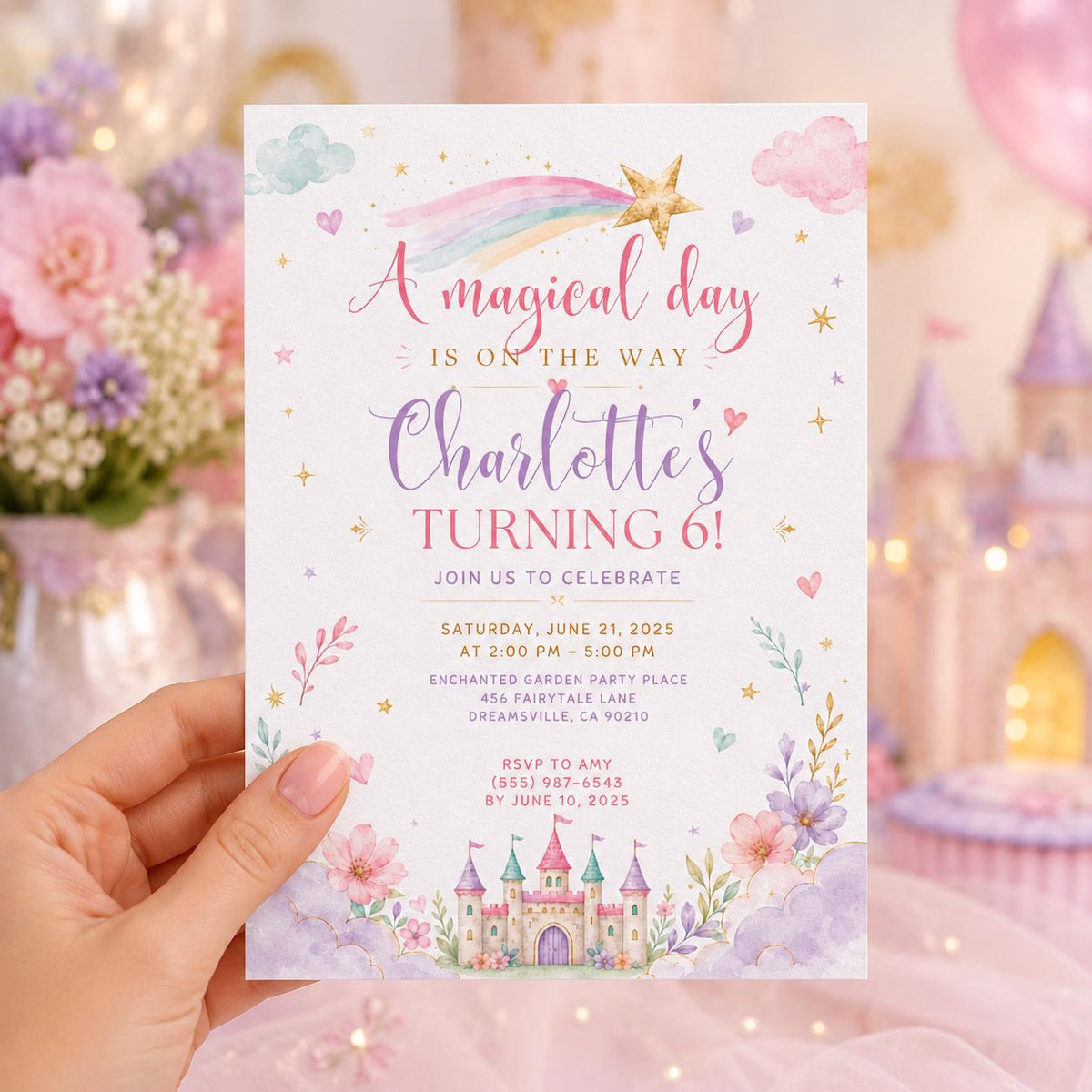 Editable Princess Birthday Invitation Canva Template, Pastel Girls Cute Modern Fun Themed DIY Chic Party Invite, Printable Digital Download.