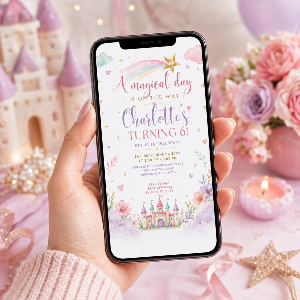 Editable Princess Birthday Invitation Canva Template, Pastel Girls Cute Modern Fun Themed DIY Chic Party Invite, Printable Digital Download.