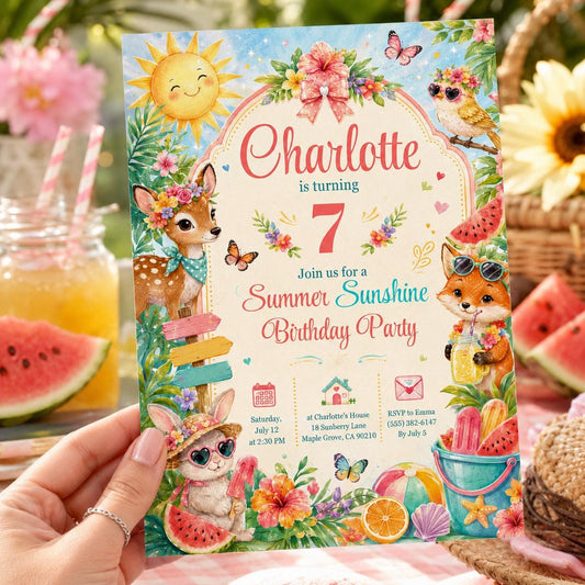 Editable Summer Birthday Invitation Canva Template, Pastel Kids Cute Fun DIY Sweet Chic Teen Tween Party Invite, Printable Digital Download.