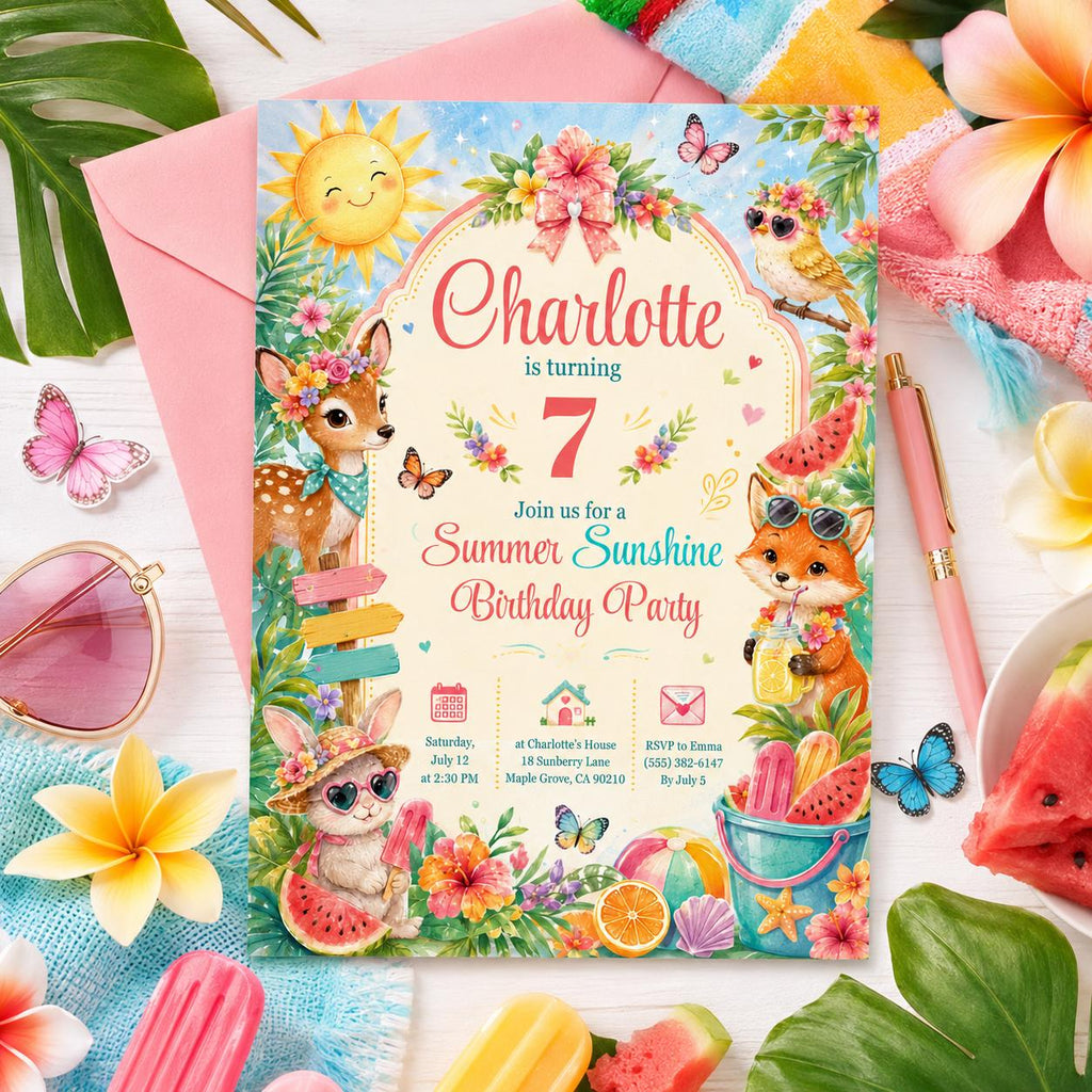 Editable Summer Birthday Invitation Canva Template, Pastel Kids Cute Fun DIY Sweet Chic Teen Tween Party Invite, Printable Digital Download.