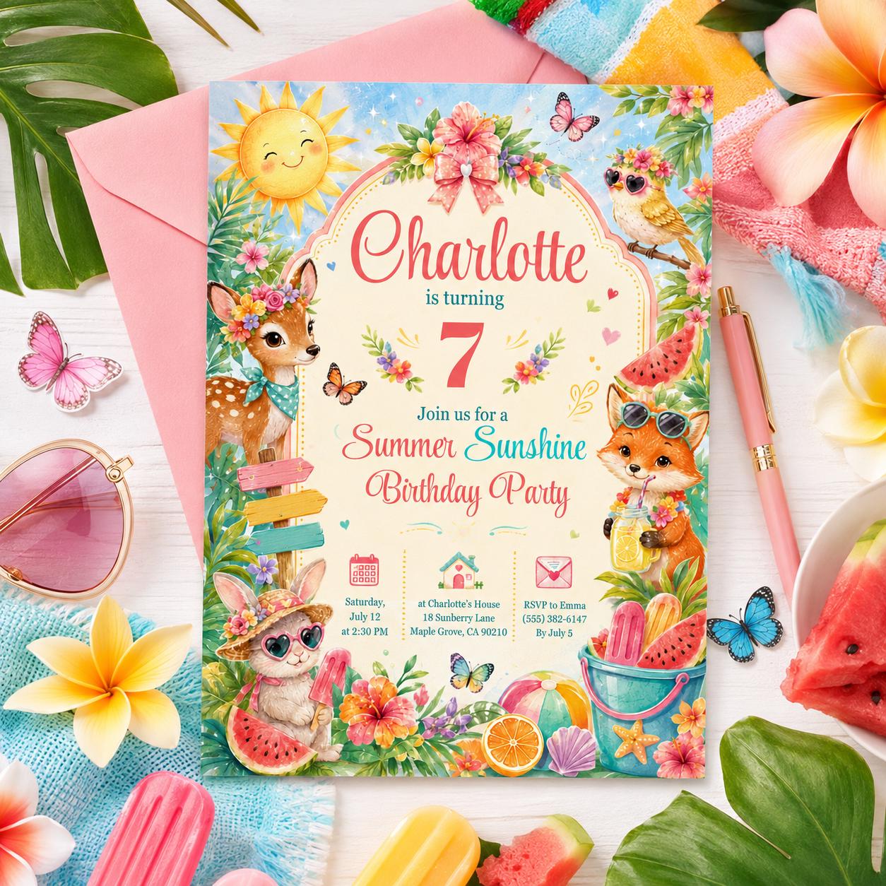 Editable Summer Birthday Invitation Canva Template, Pastel Kids Cute Fun DIY Sweet Chic Teen Tween Party Invite, Printable Digital Download.