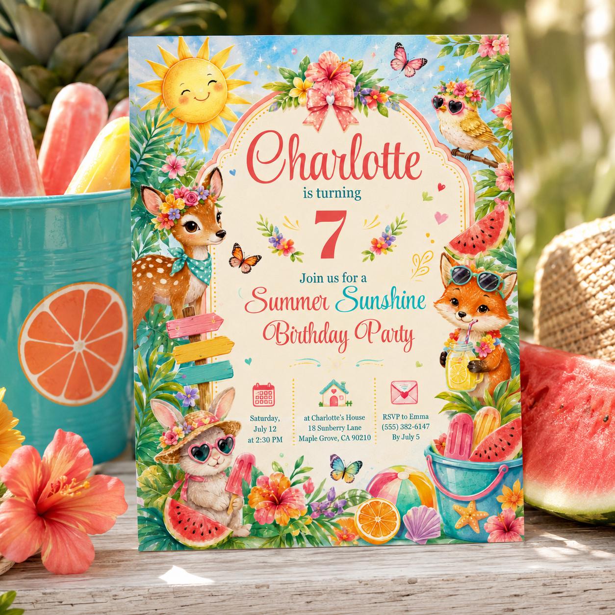 Editable Summer Birthday Invitation Canva Template, Pastel Kids Cute Fun DIY Sweet Chic Teen Tween Party Invite, Printable Digital Download.