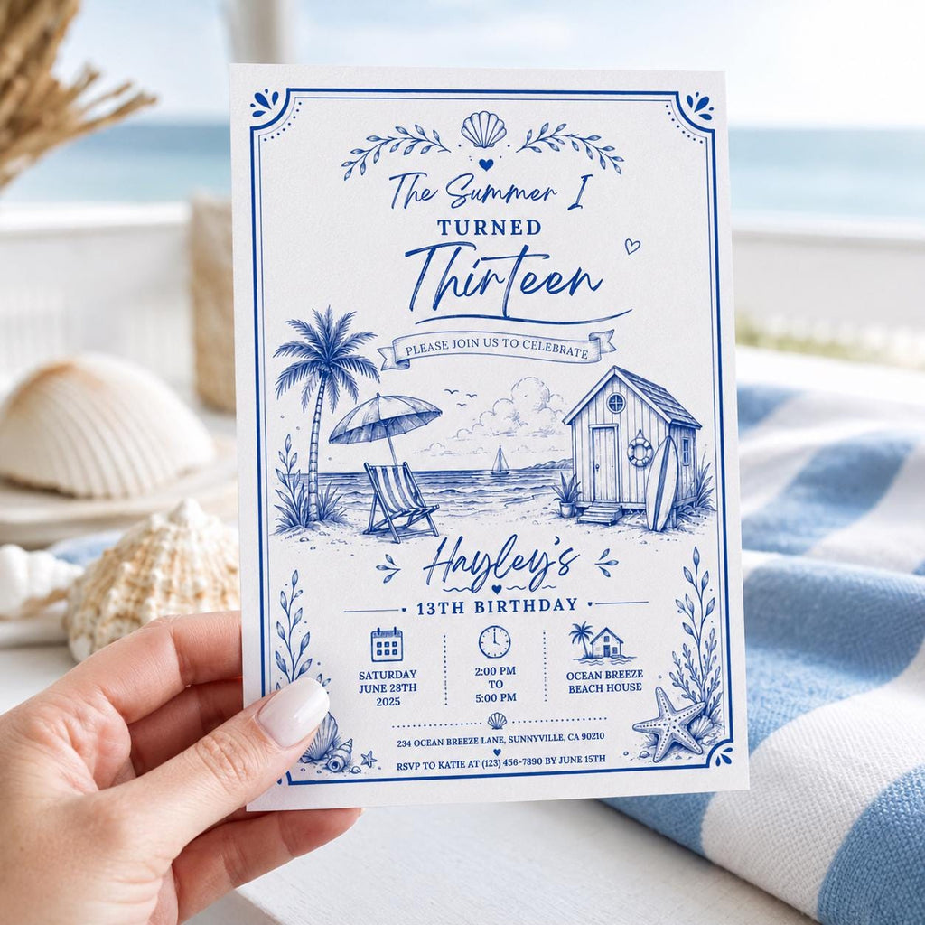 Editable Coastal Birthday Invitation Canva Template, Beach Cute Fun DIY Sweet Chic Kids Teen Tween Party Invite, Printable Digital Download.