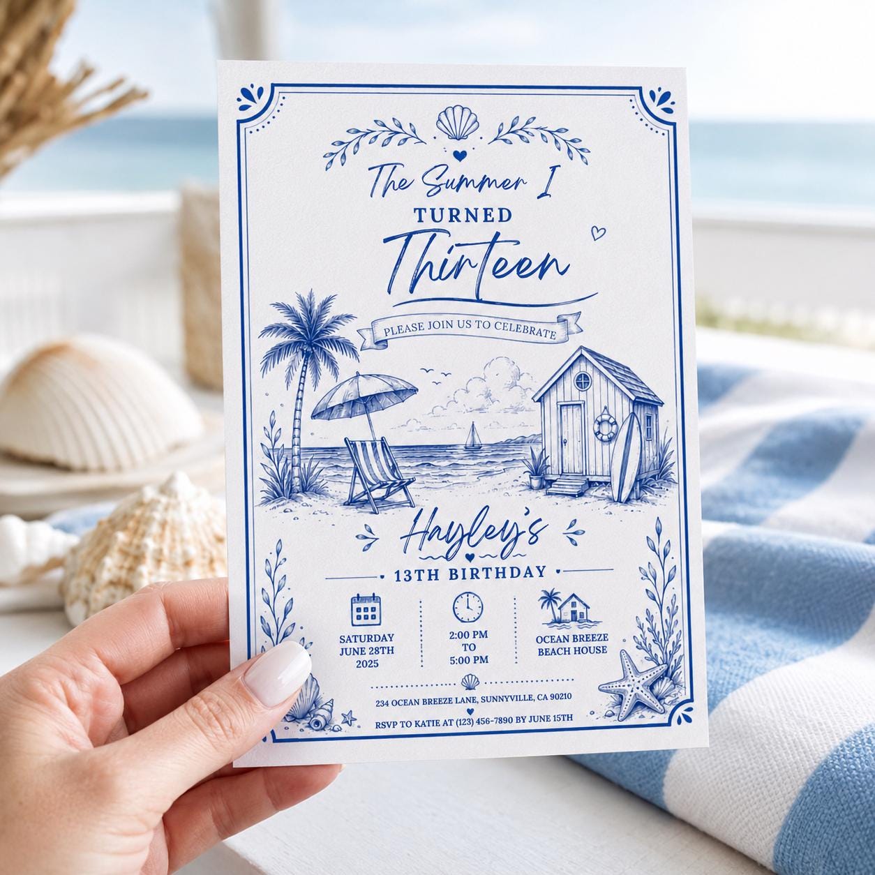 Editable Coastal Birthday Invitation Canva Template, Beach Cute Fun DIY Sweet Chic Kids Teen Tween Party Invite, Printable Digital Download.