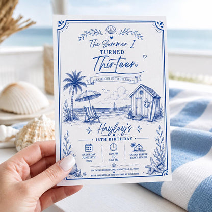 Editable Coastal Birthday Invitation Canva Template, Beach Cute Fun DIY Sweet Chic Kids Teen Tween Party Invite, Printable Digital Download.