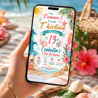 Editable Coastal Birthday Invitation Canva Template, Beach Cute Fun DIY Sweet Chic Kids Teen Tween Party Invite, Printable Digital Download.