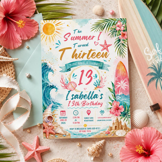 Editable Coastal Birthday Invitation Canva Template, Beach Cute Fun DIY Sweet Chic Kids Teen Tween Party Invite, Printable Digital Download.