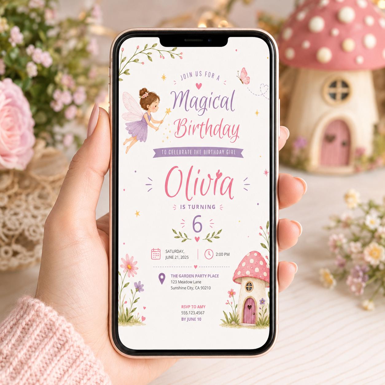 Editable Fairy Garden Birthday Invitation Canva Template, Girls Kids Fairy Cute Fun DIY Sweet Chic Party Invite, Printable Digital Download.