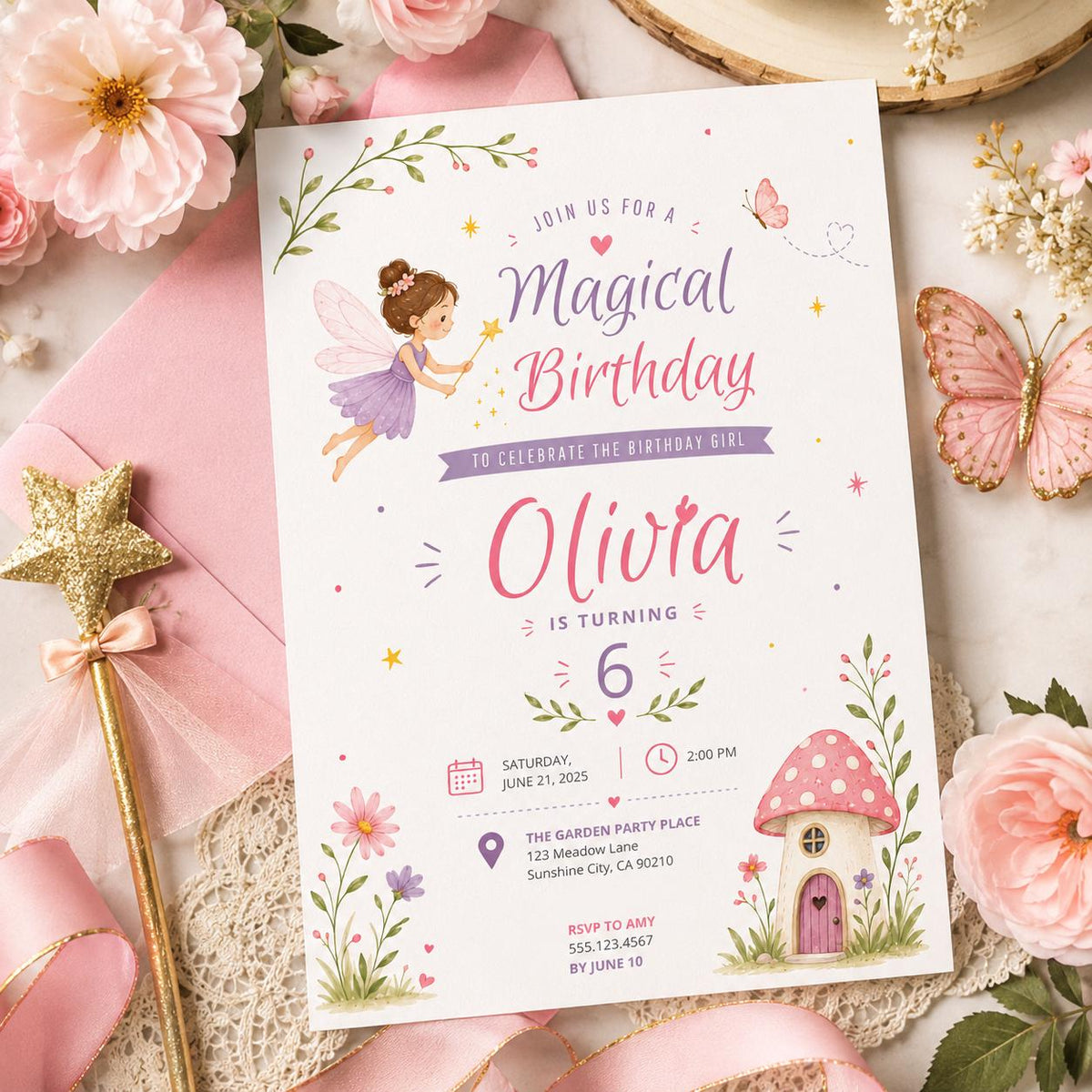 Editable Fairy Garden Birthday Invitation Canva Template, Girls Kids Fairy Cute Fun DIY Sweet Chic Party Invite, Printable Digital Download.