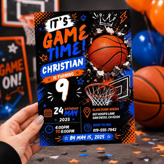 Editable Basketball Birthday Invitation Canva Template, Boys Kids Sports Sport Cute Modern Fun DIY Party Invite, Printable Digital Download.